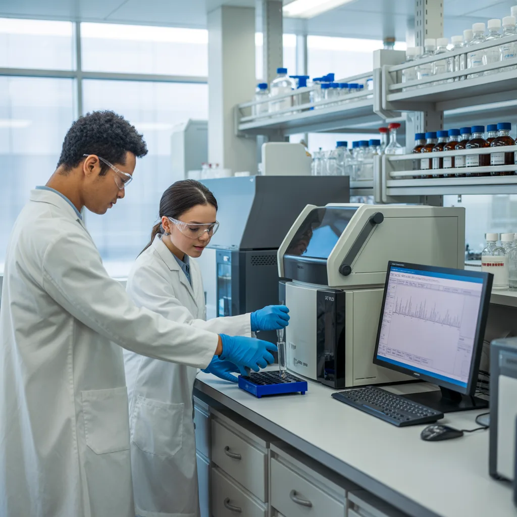 Research team collaborating in an analytical chemistry laboratory