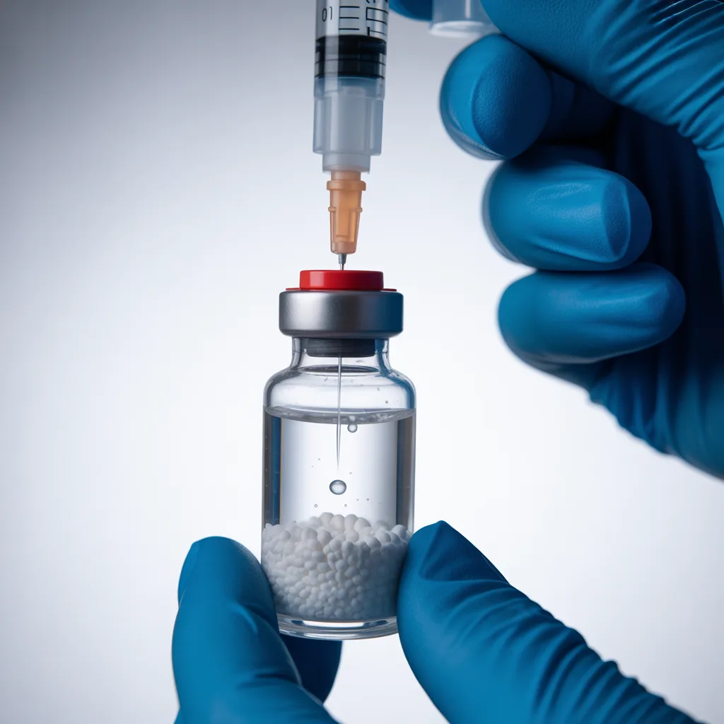 Syringe needle piercing peptide vial stopper with bacteriostatic water flowing down the glass wall